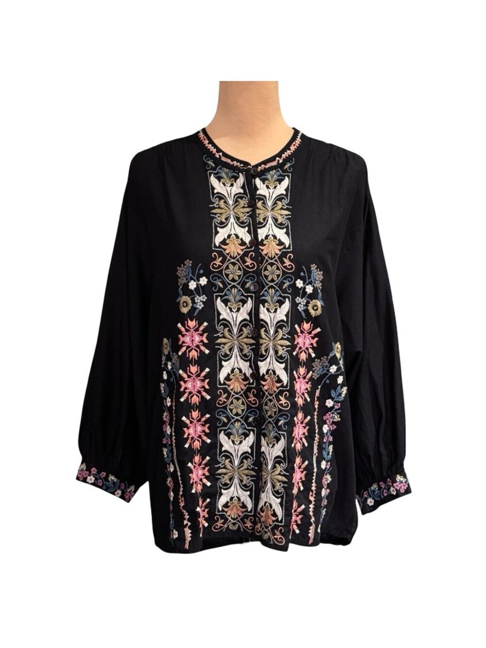 Tolani Boho Folk Embroidered Oversized Top Button Front Sz M Peasant Cottage